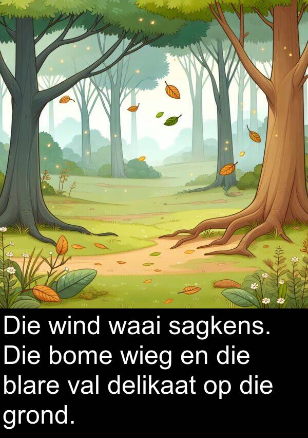 sagkens: Die wind waai sagkens. Die bome wieg en die blare val delikaat op die grond.