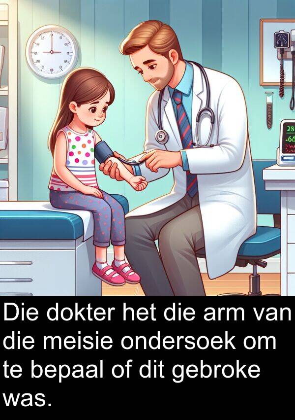 gebroke: Die dokter het die arm van die meisie ondersoek om te bepaal of dit gebroke was.