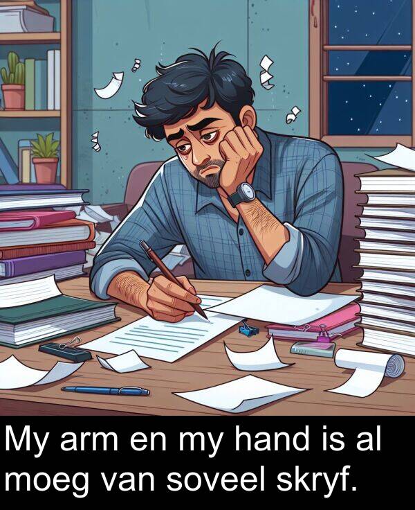 hand: My arm en my hand is al moeg van soveel skryf.