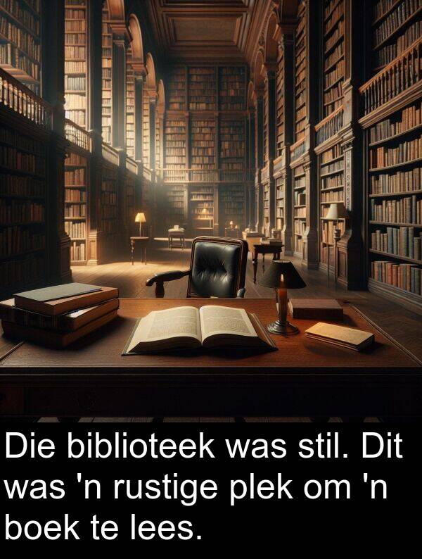 plek: Die biblioteek was stil. Dit was 'n rustige plek om 'n boek te lees.