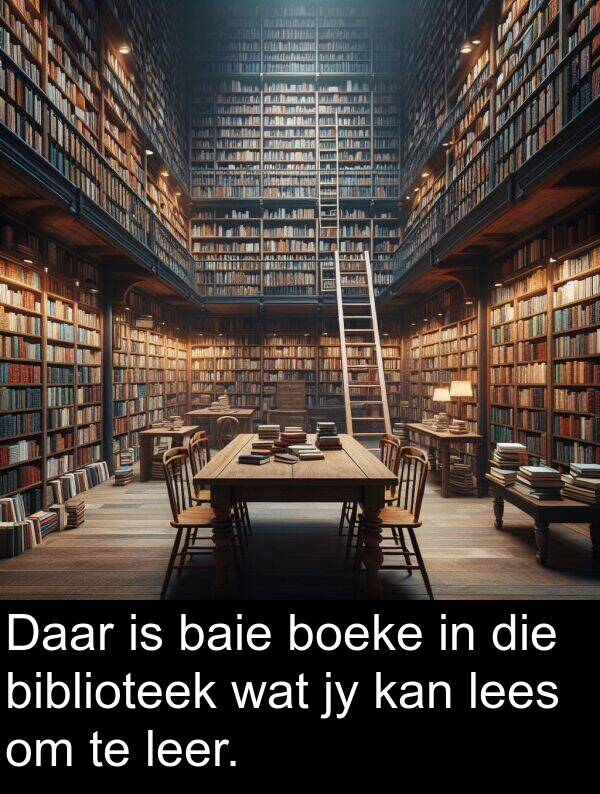 leer: Daar is baie boeke in die biblioteek wat jy kan lees om te leer.