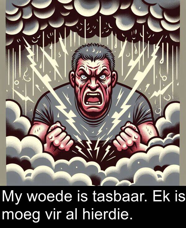 hierdie: My woede is tasbaar. Ek is moeg vir al hierdie.