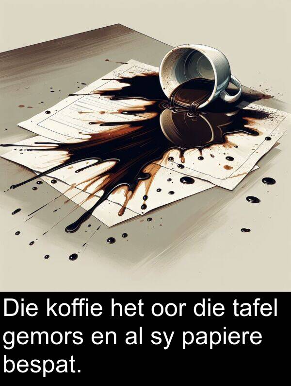 tafel: Die koffie het oor die tafel gemors en al sy papiere bespat.