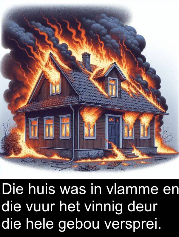 gebou: Die huis was in vlamme en die vuur het vinnig deur die hele gebou versprei.