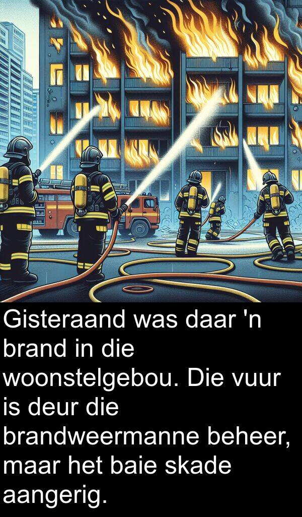 beheer: Gisteraand was daar 'n brand in die woonstelgebou. Die vuur is deur die brandweermanne beheer, maar het baie skade aangerig.