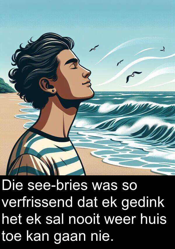 nooit: Die see-bries was so verfrissend dat ek gedink het ek sal nooit weer huis toe kan gaan nie.