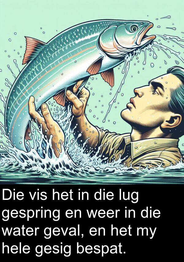 bespat: Die vis het in die lug gespring en weer in die water geval, en het my hele gesig bespat.