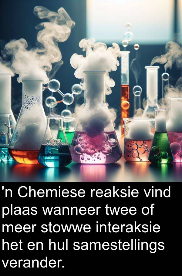 plaas: 'n Chemiese reaksie vind plaas wanneer twee of meer stowwe interaksie het en hul samestellings verander.