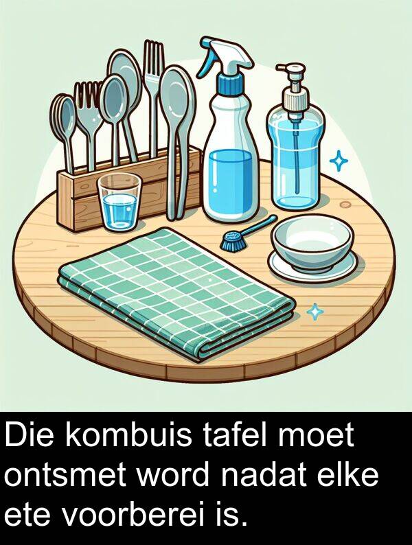 tafel: Die kombuis tafel moet ontsmet word nadat elke ete voorberei is.