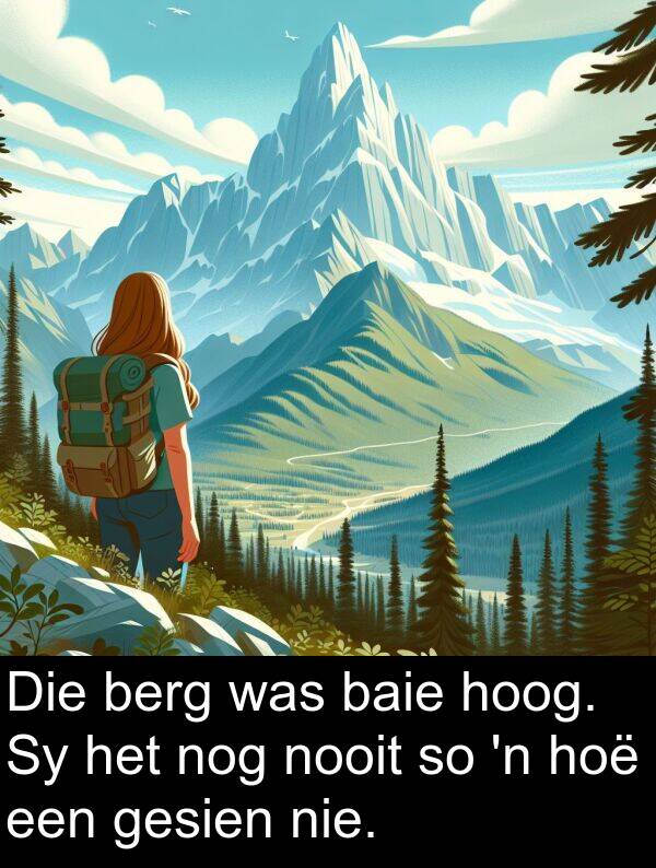 nog: Die berg was baie hoog. Sy het nog nooit so 'n hoë een gesien nie.