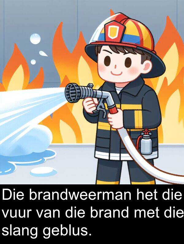 geblus: Die brandweerman het die vuur van die brand met die slang geblus.