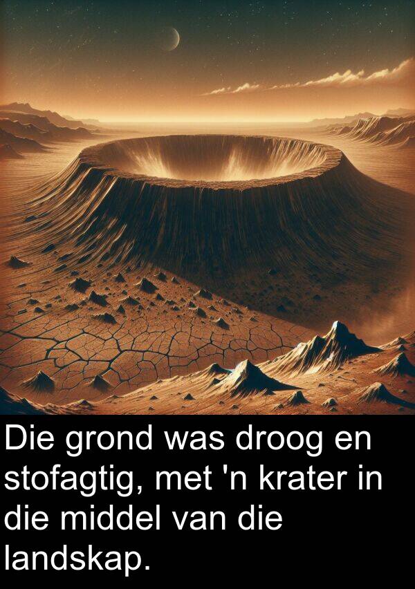 droog: Die grond was droog en stofagtig, met 'n krater in die middel van die landskap.