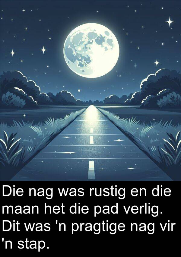 pad: Die nag was rustig en die maan het die pad verlig. Dit was 'n pragtige nag vir 'n stap.