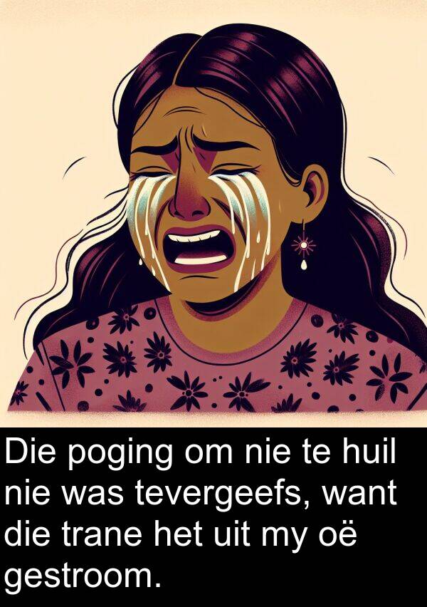 huil: Die poging om nie te huil nie was tevergeefs, want die trane het uit my oë gestroom.