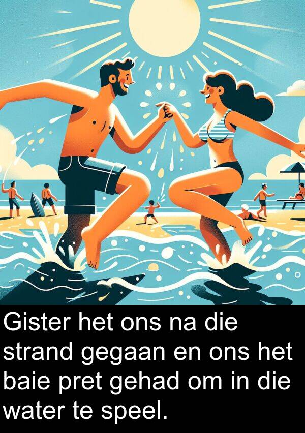 gegaan: Gister het ons na die strand gegaan en ons het baie pret gehad om in die water te speel.