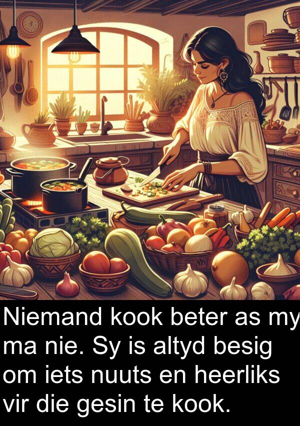 nuuts: Niemand kook beter as my ma nie. Sy is altyd besig om iets nuuts en heerliks vir die gesin te kook.