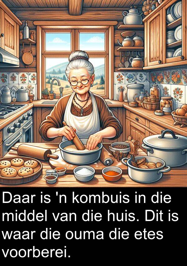 kombuis: Daar is 'n kombuis in die middel van die huis. Dit is waar die ouma die etes voorberei.