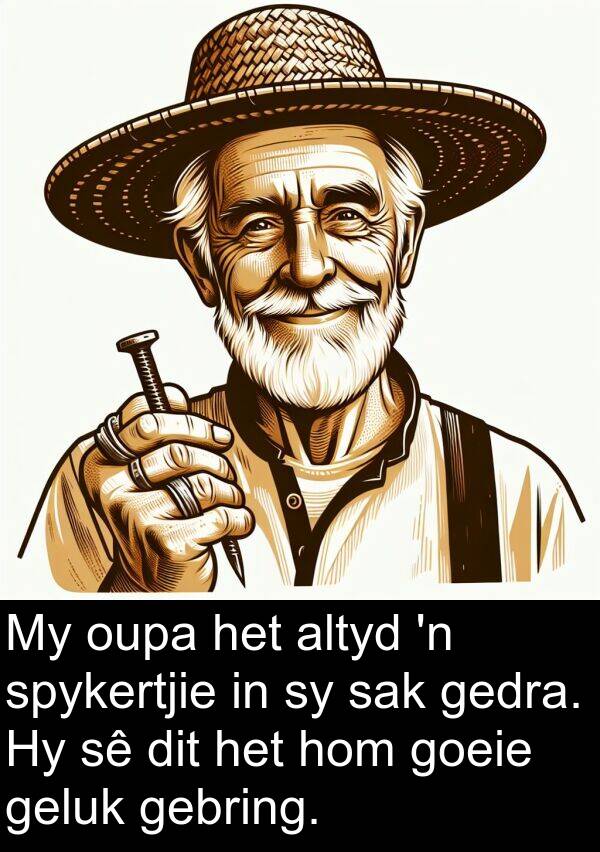 gedra: My oupa het altyd 'n spykertjie in sy sak gedra. Hy sê dit het hom goeie geluk gebring.