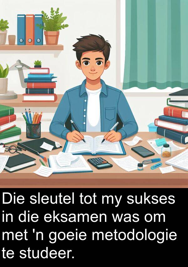 tot: Die sleutel tot my sukses in die eksamen was om met 'n goeie metodologie te studeer.