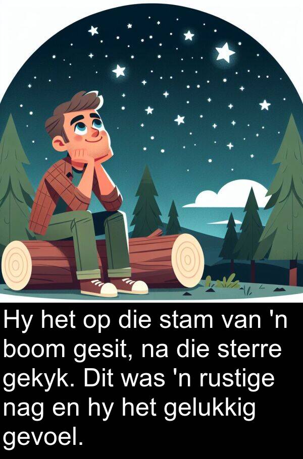 gekyk: Hy het op die stam van 'n boom gesit, na die sterre gekyk. Dit was 'n rustige nag en hy het gelukkig gevoel.