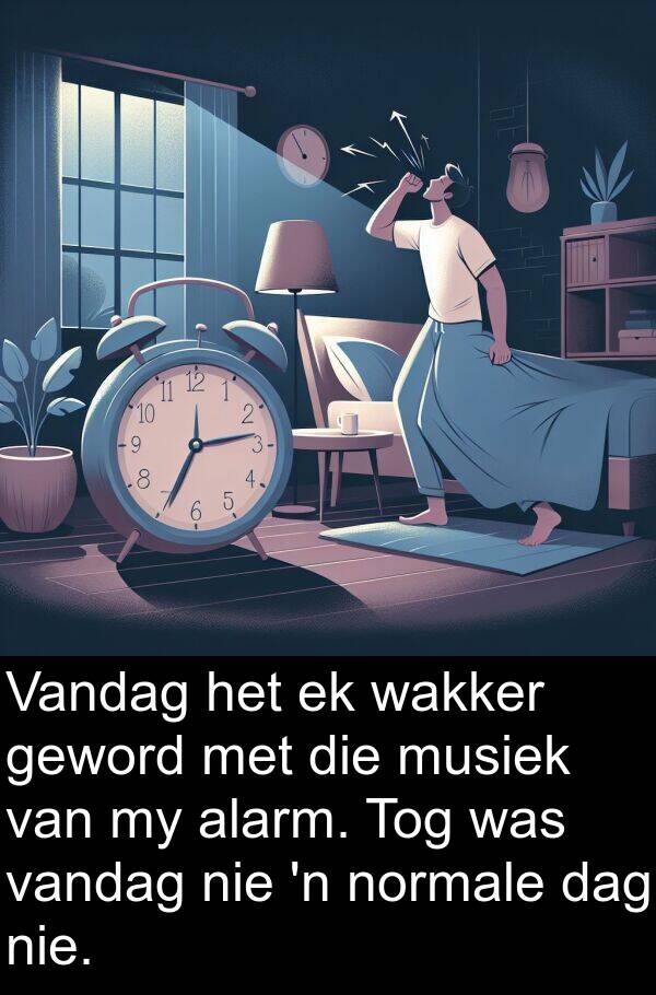 normale: Vandag het ek wakker geword met die musiek van my alarm. Tog was vandag nie 'n normale dag nie.