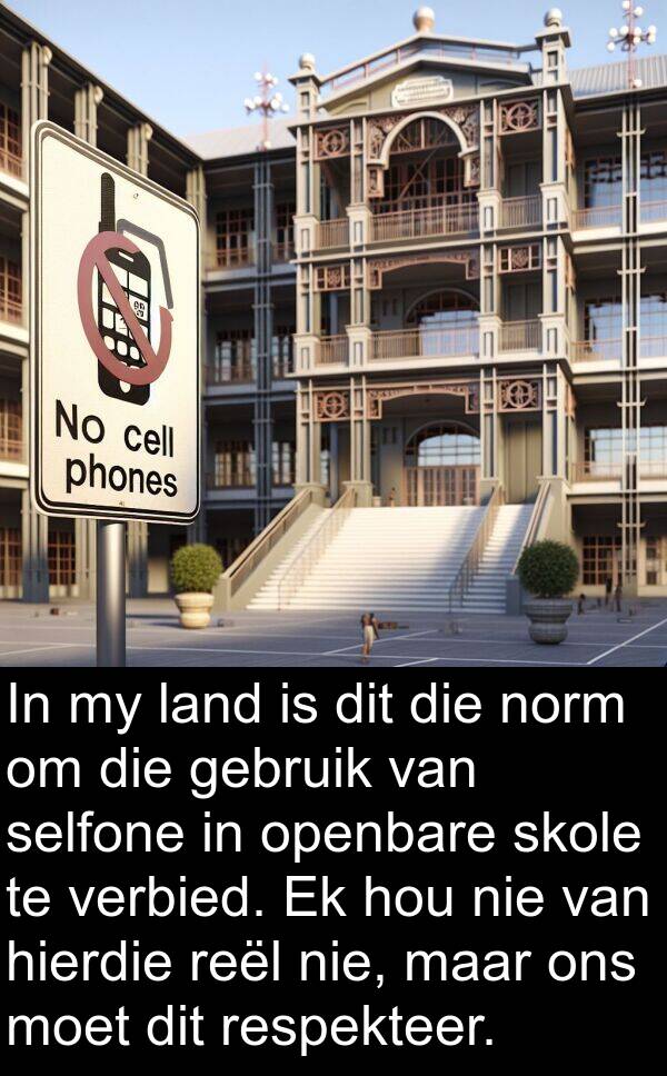 norm: In my land is dit die norm om die gebruik van selfone in openbare skole te verbied. Ek hou nie van hierdie reël nie, maar ons moet dit respekteer.