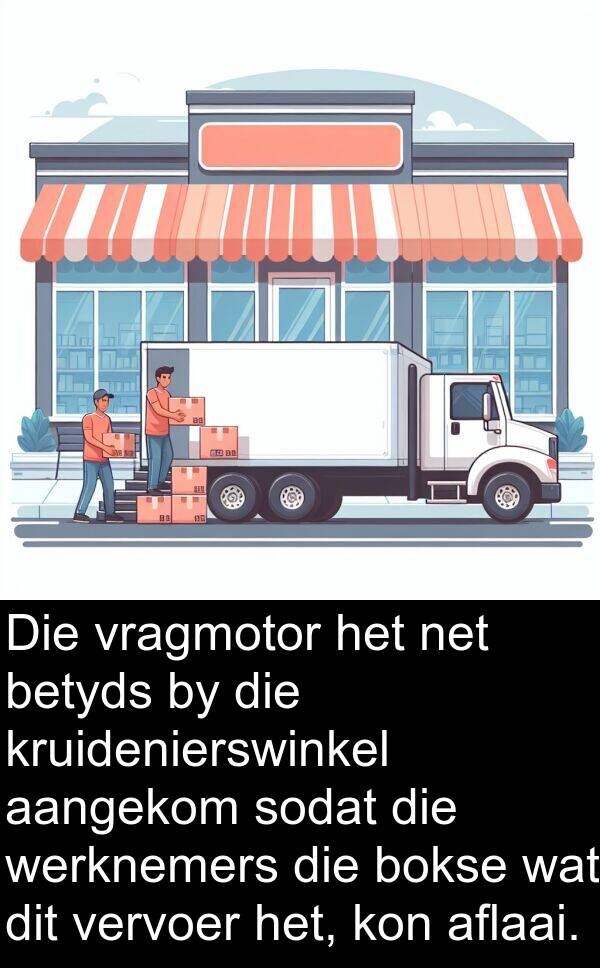 betyds: Die vragmotor het net betyds by die kruidenierswinkel aangekom sodat die werknemers die bokse wat dit vervoer het, kon aflaai.