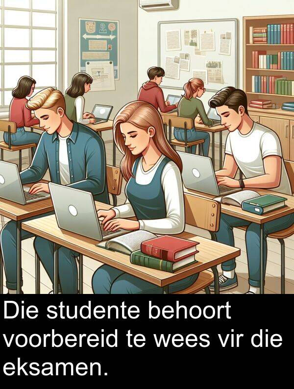 behoort: Die studente behoort voorbereid te wees vir die eksamen.