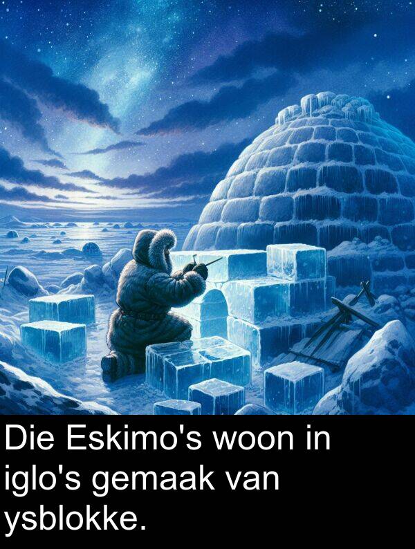 woon: Die Eskimo's woon in iglo's gemaak van ysblokke.