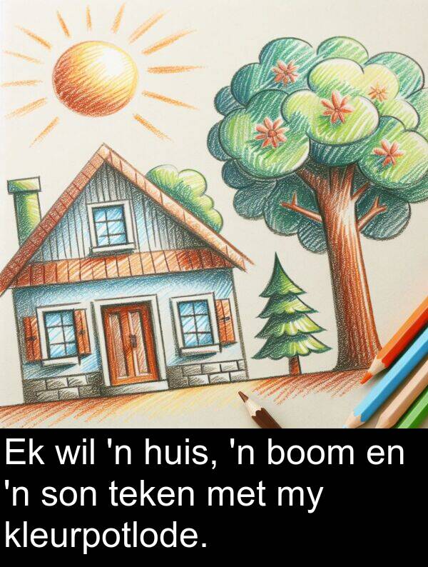 teken: Ek wil 'n huis, 'n boom en 'n son teken met my kleurpotlode.