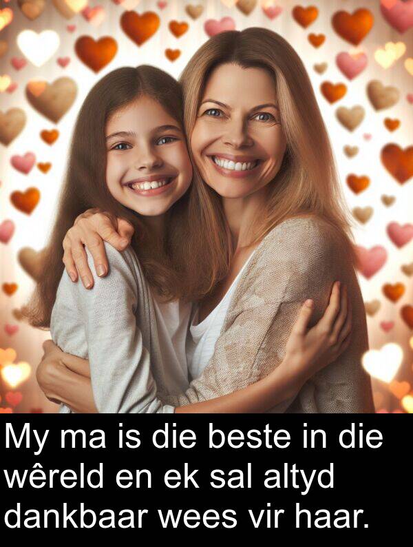 beste: My ma is die beste in die wêreld en ek sal altyd dankbaar wees vir haar.