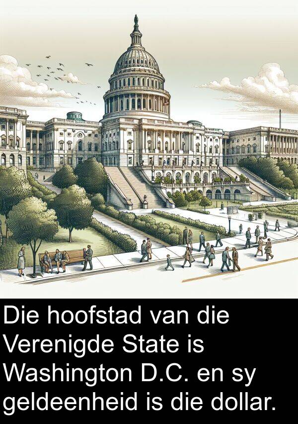 geldeenheid: Die hoofstad van die Verenigde State is Washington D.C. en sy geldeenheid is die dollar.