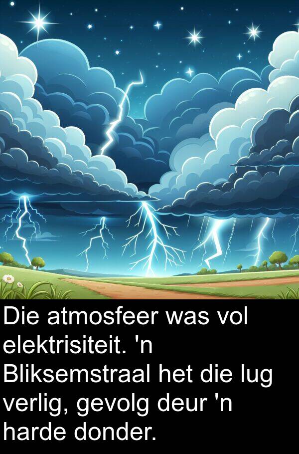 harde: Die atmosfeer was vol elektrisiteit. 'n Bliksemstraal het die lug verlig, gevolg deur 'n harde donder.