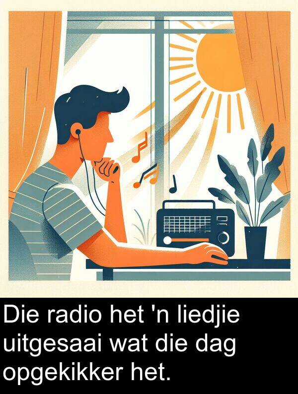 radio: Die radio het 'n liedjie uitgesaai wat die dag opgekikker het.