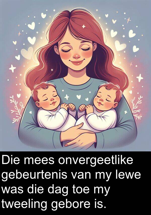 gebore: Die mees onvergeetlike gebeurtenis van my lewe was die dag toe my tweeling gebore is.