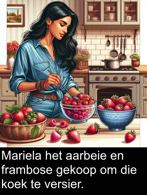 gekoop: Mariela het aarbeie en frambose gekoop om die koek te versier.