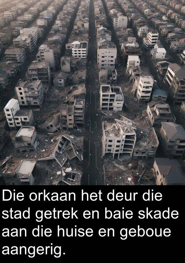 huise: Die orkaan het deur die stad getrek en baie skade aan die huise en geboue aangerig.