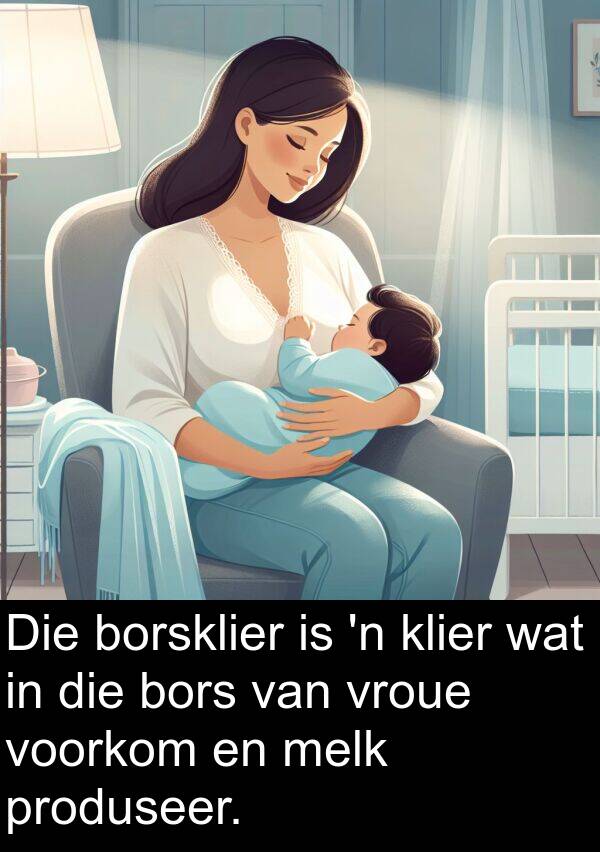 produseer: Die borsklier is 'n klier wat in die bors van vroue voorkom en melk produseer.