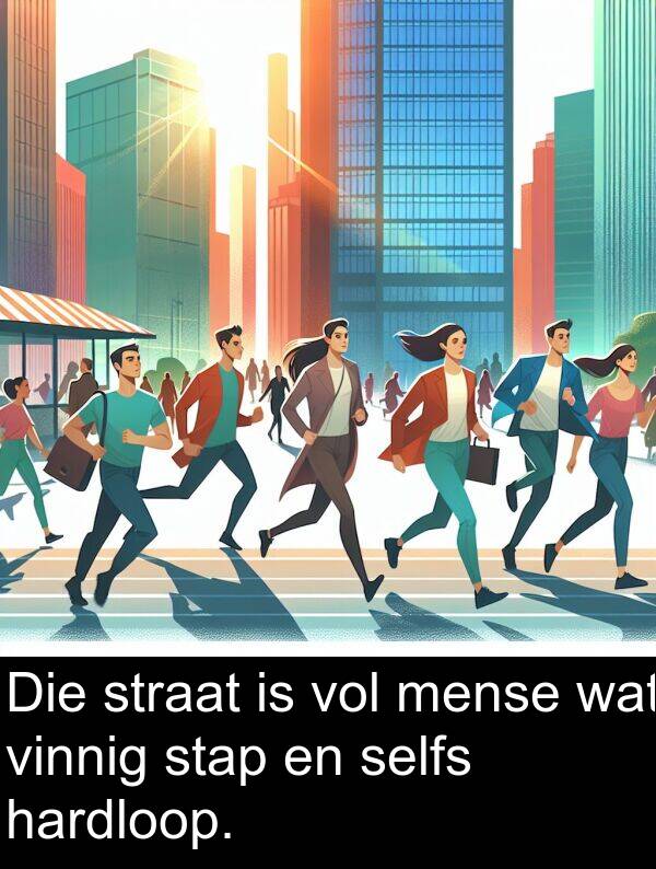 hardloop: Die straat is vol mense wat vinnig stap en selfs hardloop.