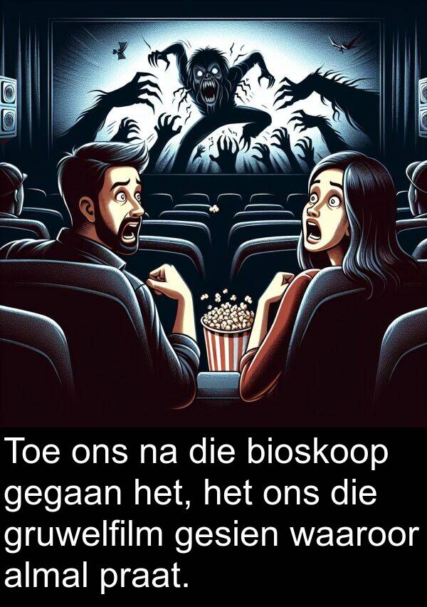 gegaan: Toe ons na die bioskoop gegaan het, het ons die gruwelfilm gesien waaroor almal praat.