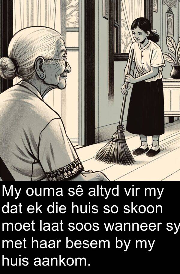 besem: My ouma sê altyd vir my dat ek die huis so skoon moet laat soos wanneer sy met haar besem by my huis aankom.