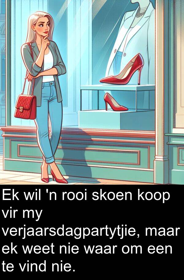 rooi: Ek wil 'n rooi skoen koop vir my verjaarsdagpartytjie, maar ek weet nie waar om een te vind nie.