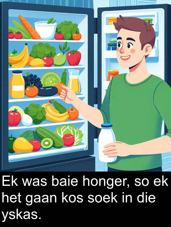 gaan: Ek was baie honger, so ek het gaan kos soek in die yskas.