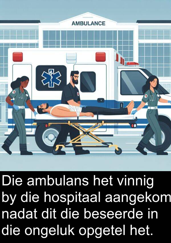 beseerde: Die ambulans het vinnig by die hospitaal aangekom nadat dit die beseerde in die ongeluk opgetel het.