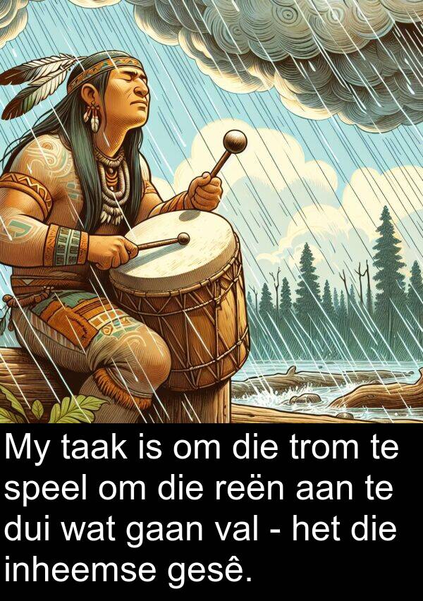 taak: My taak is om die trom te speel om die reën aan te dui wat gaan val - het die inheemse gesê.