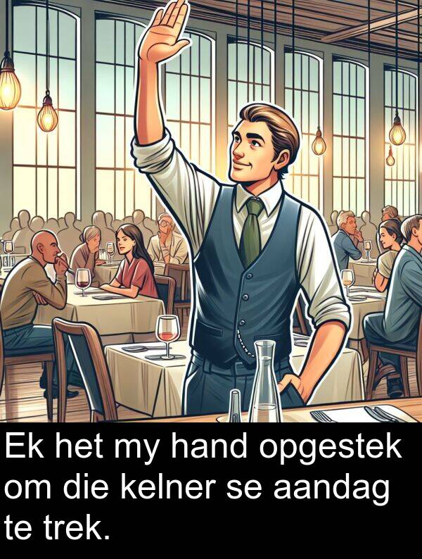 hand: Ek het my hand opgestek om die kelner se aandag te trek.