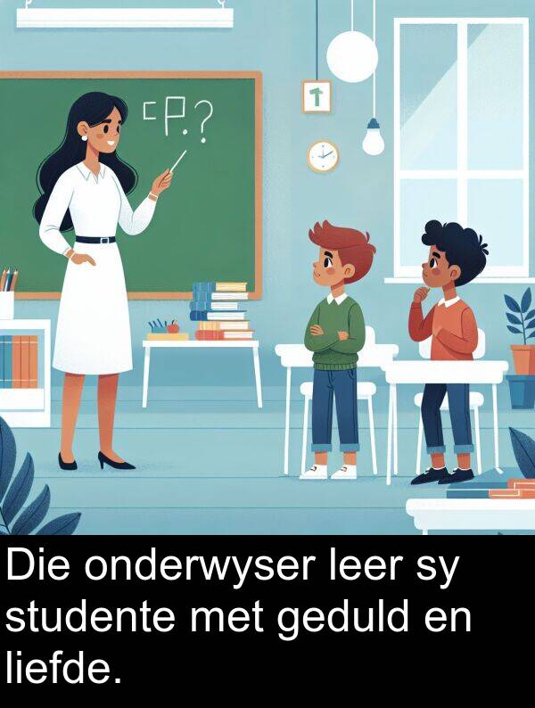 geduld: Die onderwyser leer sy studente met geduld en liefde.