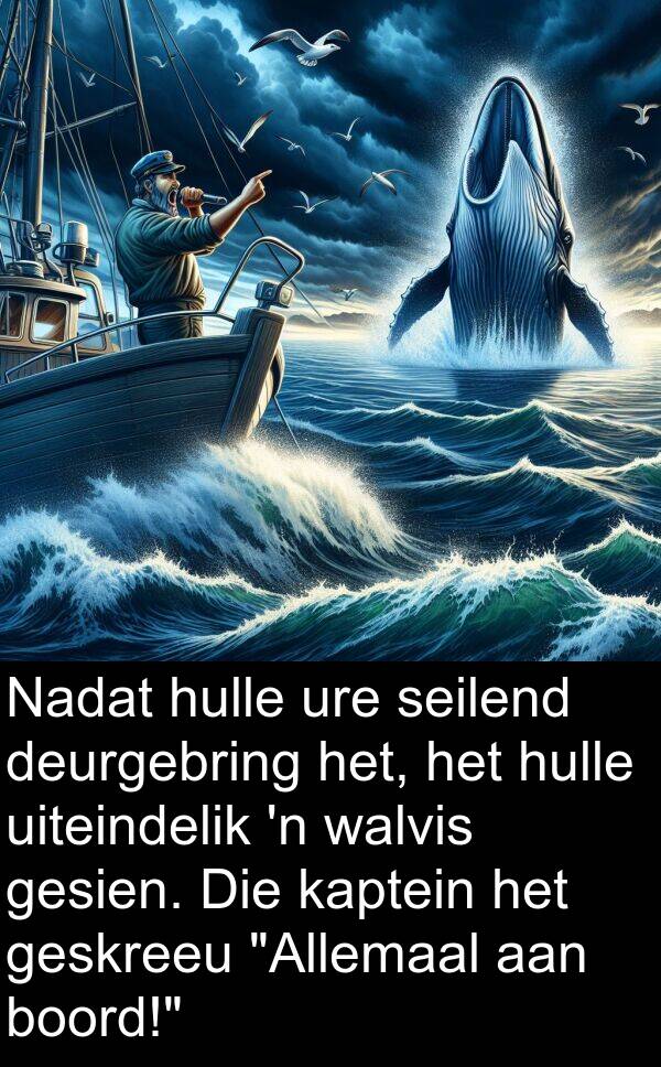 ure: Nadat hulle ure seilend deurgebring het, het hulle uiteindelik 'n walvis gesien. Die kaptein het geskreeu "Allemaal aan boord!"