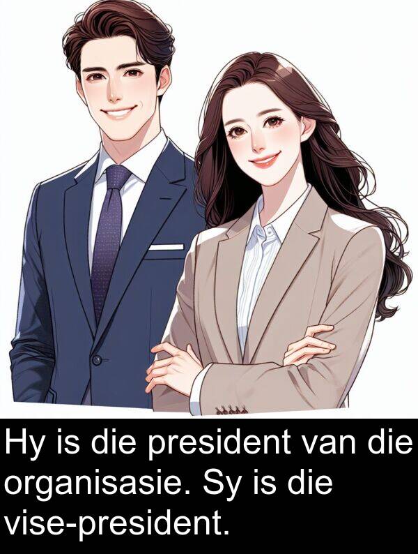 president: Hy is die president van die organisasie. Sy is die vise-president.