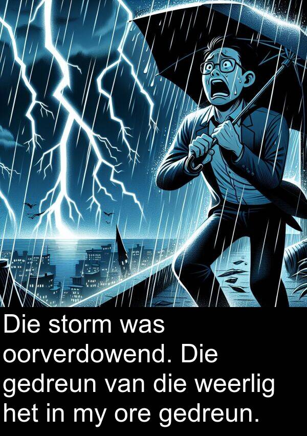 gedreun: Die storm was oorverdowend. Die gedreun van die weerlig het in my ore gedreun.